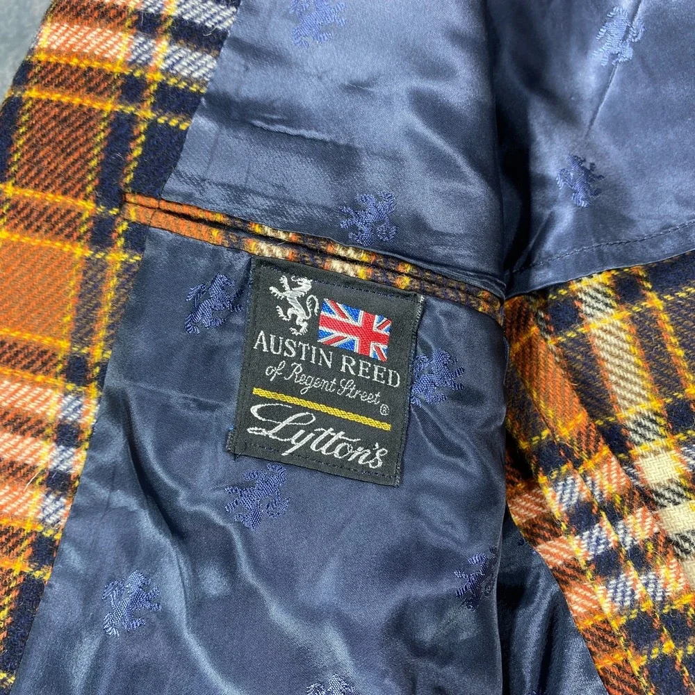 Vintage Austin Reed Blazer Sport Coat Jacket Mens 42L Orange Blue Plaid 60s 70s